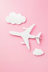 Poster - Paper cut-out of a plane with clouds on a pink background, evoking a whimsical and airy atmosphere.