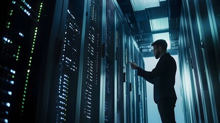 Poster - A man in a suit works on a server rack in a data center.
