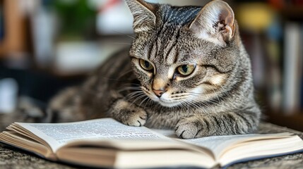 Poster - A pet cat resting beside a child who is reading a story in a cozy corner illustrating the emotional comfort and sense of security provided by the animal. Stock Photo with copy space
