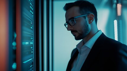 Poster - A man in a suit looks at a server rack in a data center.