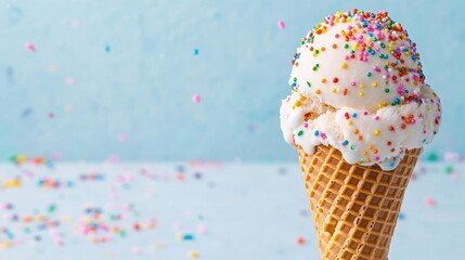 Melting ice cream cone with colorful sprinkles against a bright background, ice cream, summer