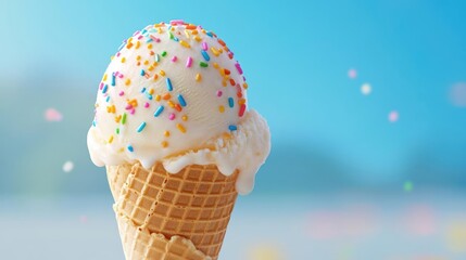 Melting ice cream cone with colorful sprinkles against a bright background, ice cream, summer