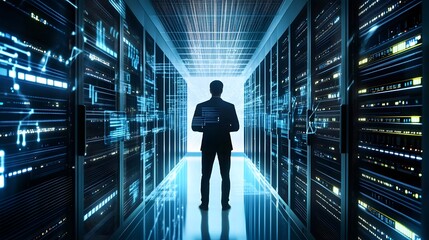 Poster - A man stands in a server room, looking towards the end of the hall.