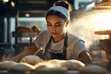 Casual photo of a female baker looking at the camera and working with dough, daylight, sun rays, dough dust, corporate photography