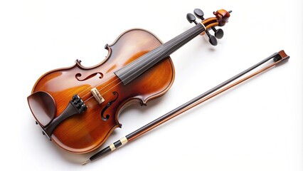 A high angle shot of a violin and fiddle stick isolated on a white background, performance, classical, high angle,violin, bow, fiddle, orchestra, musician, stick, wooden, harmony