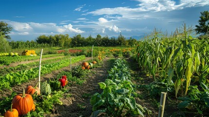 Poster - An expansive vegetable garden with neat rows of corn stalks, ripening pumpkins, and a variety of colorful peppers under a bright summer sky