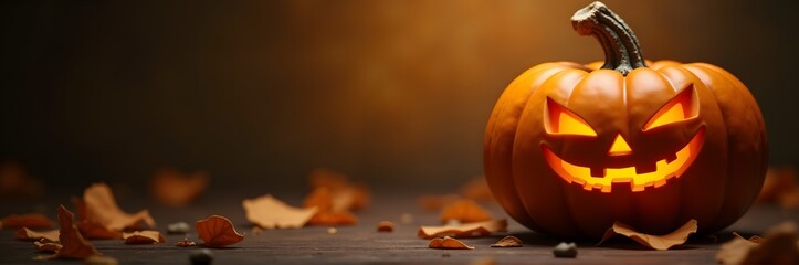 Canvas Print - A glowing jack-o'-lantern with a toothy grin surrounded by autumn leaves on a wooden surface