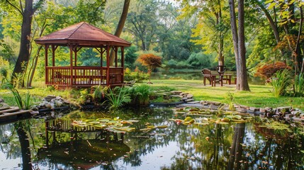 Wall Mural - An inviting pond with a wooden gazebo nearby, offering a picturesque view of the water