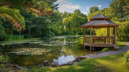 Wall Mural - An inviting pond with a wooden gazebo nearby, offering a picturesque view of the water