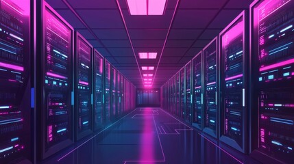Poster - Neon Lit Server Room Futuristic Technology Data Center Data Storage Cyber Security