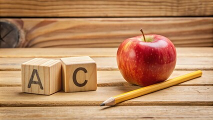 Aufkleber - ABC Wooden spelling blocks with a pencil and apple on a wooden table, education, learning, alphabet, school, wooden blocks