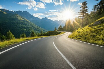 a winding road through a mountain landscape at sunrise with lush greenery and clear skies.