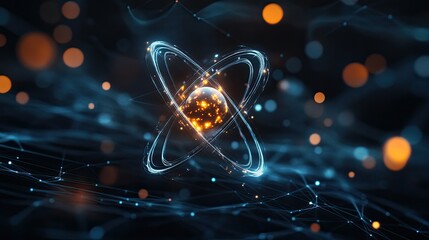 Poster - Minimalist visualization of atomic structures, with delicate electron orbits circling a central nucleus, on a crisp, dark background.
