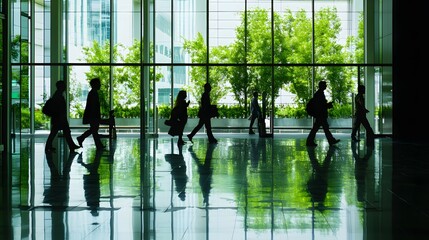 Canvas Print - Silhouettes of people walking in a modern office building.