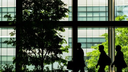 Silhouettes of three people walking past a large window, with a tree visible outside.