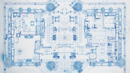 Poster - Detailed blueprint of a hotel lobby, showing the layout of reception areas, guest rooms,