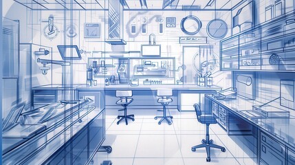 Wall Mural - Detailed blueprint of a medical research lab, showing laboratory workstations, equipment placement, and safety zones