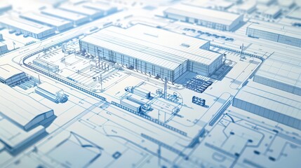 Poster - Detailed blueprint of a warehouse facility, including storage racking layouts, loading docks, and office spaces.