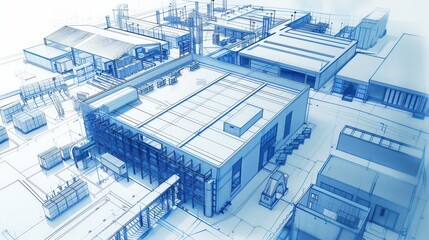 Poster - Detailed blueprint of a warehouse facility, including storage racking layouts, loading docks, and office spaces.