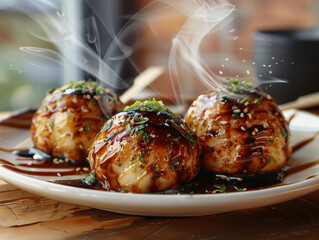 Poster - Tasty takoyaki on a plate served on a wooden table. Moring light entered from the side.