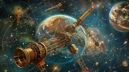 Poster - detailed diagram of an astrophysics experiment, featuring telescopes