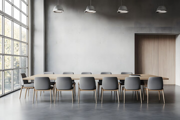 Wall Mural - Modern conference room with wooden table, gray office chairs, and large windows, minimalist design, gray concrete wall background. Concept of collaborative workspace. 3D Rendering