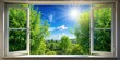 © InspireStock Gallery - Summer view through a window with green trees, blue sky and sun shining, summer, view, window, , nature, outdoor, scenic, sunny