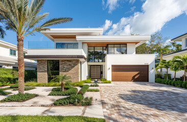 modern home in Miami, brick driveway with landscaping and palm trees, garage door is white and brown