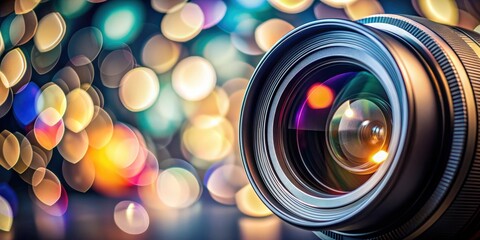 Poster - Close-up shot of a camera lens with bokeh lights in the background, camera, lens, close-up, bokeh, lights