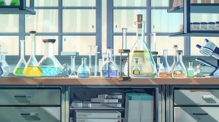 Poster - detailed illustration of a laboratory setup for a chemical reaction experiment, featuring glassware,