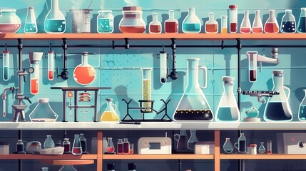 Poster - detailed illustration of a laboratory setup for a chemical reaction experiment, featuring glassware,