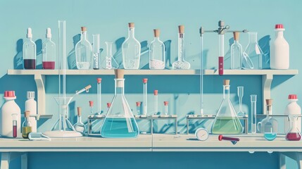 Poster - detailed illustration of a laboratory setup for a chemical reaction experiment, featuring glassware,