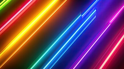 Wall Mural - Neon geometric patterns in the colors of the pride flag, glowing brightly on a smooth gradient background, symbolizing unity and pride.