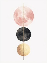 Wall Mural - A minimalist, elegant, and modern watercolor illustration of the moon phases in gold and pink tones 