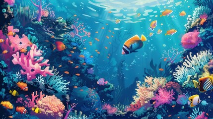 Wall Mural - Dive into the underwater world with colorful fish and coral illustrations, showcasing the diversity of marine ecosystems.