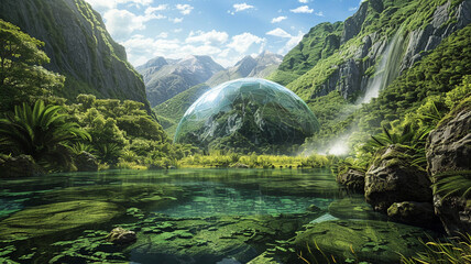 Wall Mural - a dome mountain surrounded by a lush, green valley and a clear river