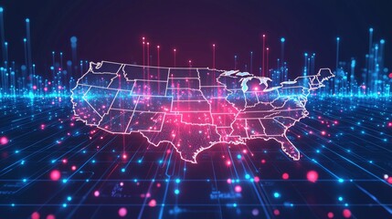 Poster - Digital Map of USA with Glowing Lines and Dots