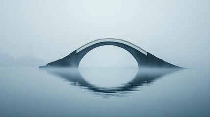 Wall Mural - Serene, minimalist depiction of a lone medieval bridge arching over calm waters, surrounded by mist