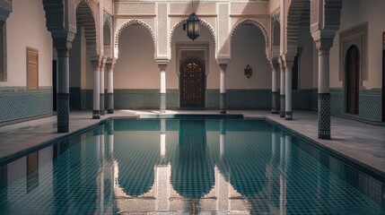 The serene interior of a Moroccan riad, with a central courtyard, ornate tilework, and a tranquil pool reflecting the architecture.