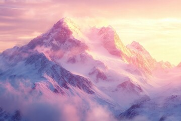 Wall Mural - A scenic view of snow-covered mountains at sunset, with a mix of warm and cool colors creating a serene atmosphere.