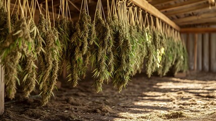 Rows of cannabis plants hanging upside down to dry in a rustic wooden shed with the earthy aroma of fresh harvest filling the air  The shed offers a controlled environment for the drying process