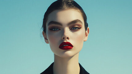 A high-fashion portrait of a model with bold makeup, slicked-back hair and a minimalist outfit. The background is a solid color, making the subject the sole focus.