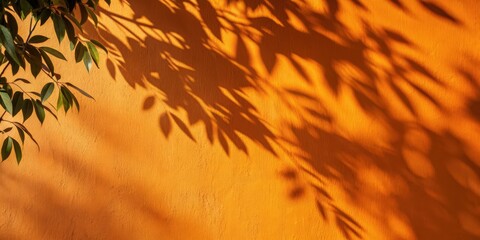 Aufkleber - Aesthetic sunlight shadow of tree leaves on neutral orange wall background, sunlight, shadow, tree leaves, aesthetic, neutral