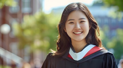 Young happy Asian woman university graduate in graduation gown and cap in the college campus. Education stock photo. 