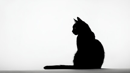 Wall Mural - Simple black silhouette of a cat in a relaxed seated position, isolated against a pristine white backdrop for a clean, minimalist feel