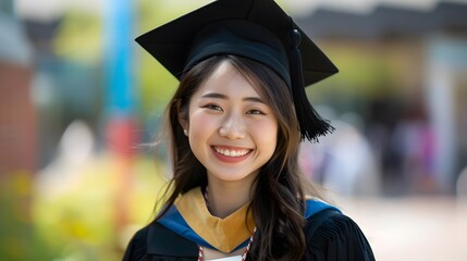 Wall Mural - Young happy Asian woman university graduate in graduation gown and cap in the college campus. Education stock photo. 