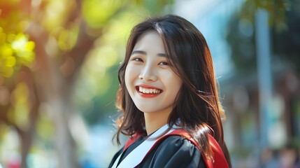 Young happy Asian woman university graduate in graduation gown and cap in the college campus. Education stock photo. 