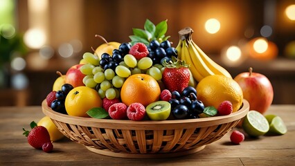 Wall Mural - A colorful assortment of fruits in a woven basket on a wooden table.