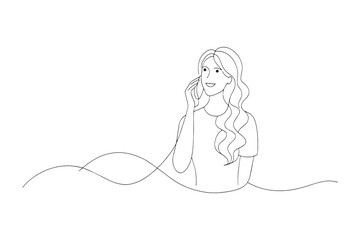 Girl talking on the phone One line continuous line art vector illustration on white background.