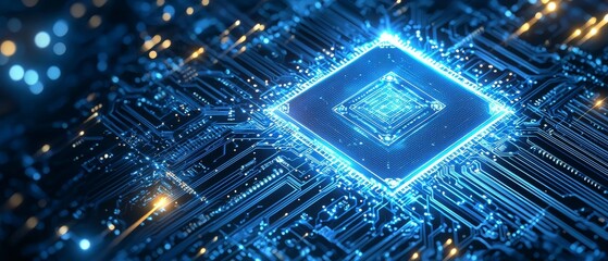 Poster - Blue Glowing Circuit Board With Processor Chip